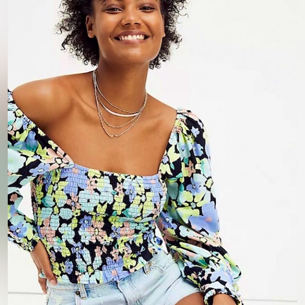 Free People Ariana Square Neck Smocked Top in Retro Floral Sz XS - Picture 3 of 12
